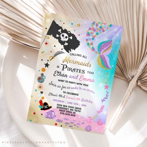 Mermaid And Pirate Birthday Invitation Sibling Mermaid & Pirate Invite Sibling Mermaid Pirate Party Instant Download Editable File 7O