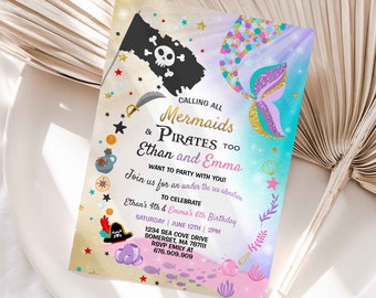 Mermaid And Pirate Birthday Invitation Sibling Mermaid & Pirate Invite Sibling Mermaid Pirate Party Instant Download Editable File 7O
