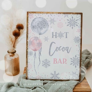 WINTER ONEderland Hot Cocoa Bar signe rose et argent aquarelle flocon de neige ballons lunatique ONEderland hiver anniversaire Téléchargement instantané HN