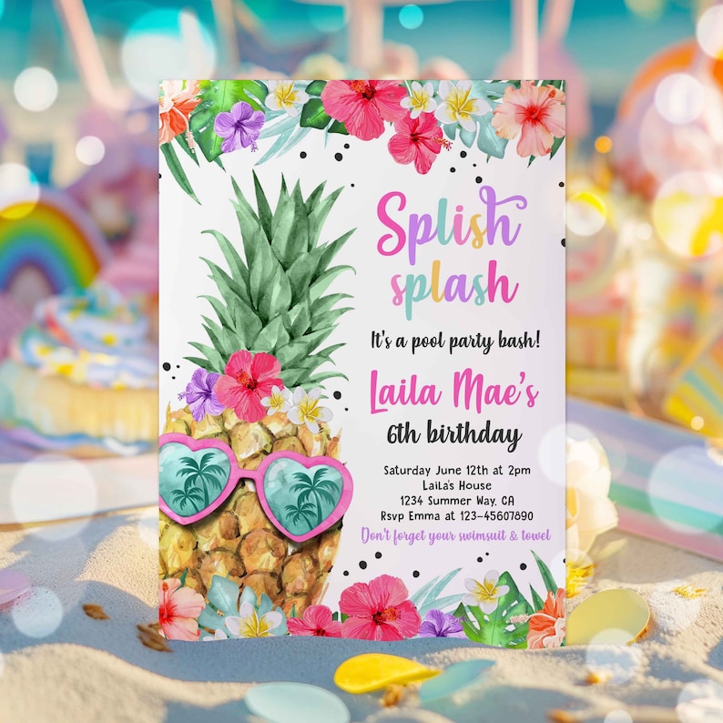 Editable Tropical Pool Party Invitation Hawaiian Luau Pool Party Birthday Pineapple Birthday Party Pineapple Pool Party Instant download P5 image 1