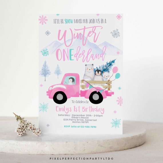 Editable Winter ONEderland Invitation Winter Pink Truck 1st Birthday Penguin Polar Bear Winter ONEderland Party Instant Download KT Il_570xn