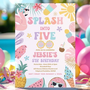 Editable Splash Into Five 5th Birthday Party Invitation Tropical Summer Splish Splash Girly Pool Birthday Party Instant Download FK