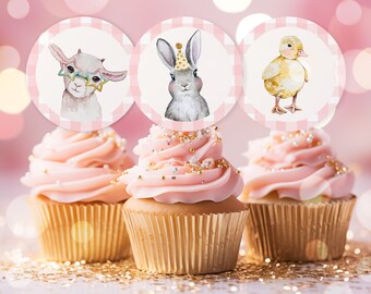 Farm Animals Birthday Party Cupcake Toppers Pink Girl Farm Barnyard Animals Birthday Party Animals Birthday Decoration Instant Download HYS