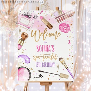 Editable Spa Makeup Party Welcome Sign Glitz And Glam Birthday Party Pink Purple & Gold Girly Glamour Party Decorations Instant Download KS