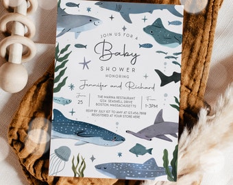 Editable Shark Baby Shower Invitation Under the Sea Baby Shower Invitation Ocean Baby Shower Sea Life Baby Shower Instant Download JB