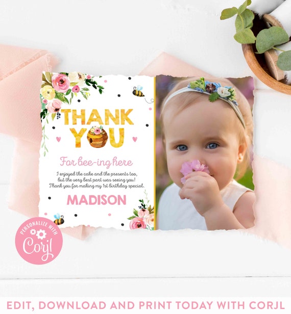 Editable Bee Birthday Thank You Card Honey Bee Birthday Party Bumble Bee Birthday So Sweet To Bee One 1st Birthday Party Instant Download BH Il_570xn