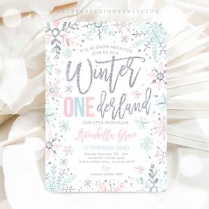 Editable WINTER ONEderland Invitation Pink And Mint And Silver Snowflakes Winter ONEderland Invitation Winter Party Instant Download DE