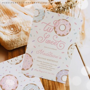 Editable Donut Birthday Party Invitation Donut Two Sweet 2nd Birthday Party Sweet Pink Donut Grow Up Party Instant Download 93U