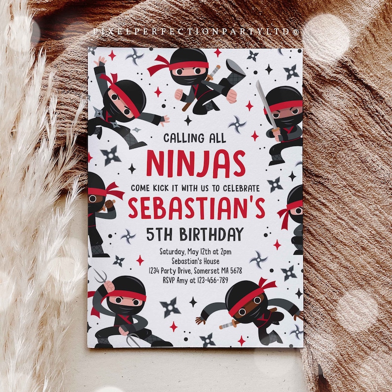 May include: A white invitation with a red and black ninja theme. The invitation says "Calling all Ninjas" and "Come kick it with us to celebrate Sebastian's 5th Birthday". The invitation includes the date, time, location, and RSVP information.