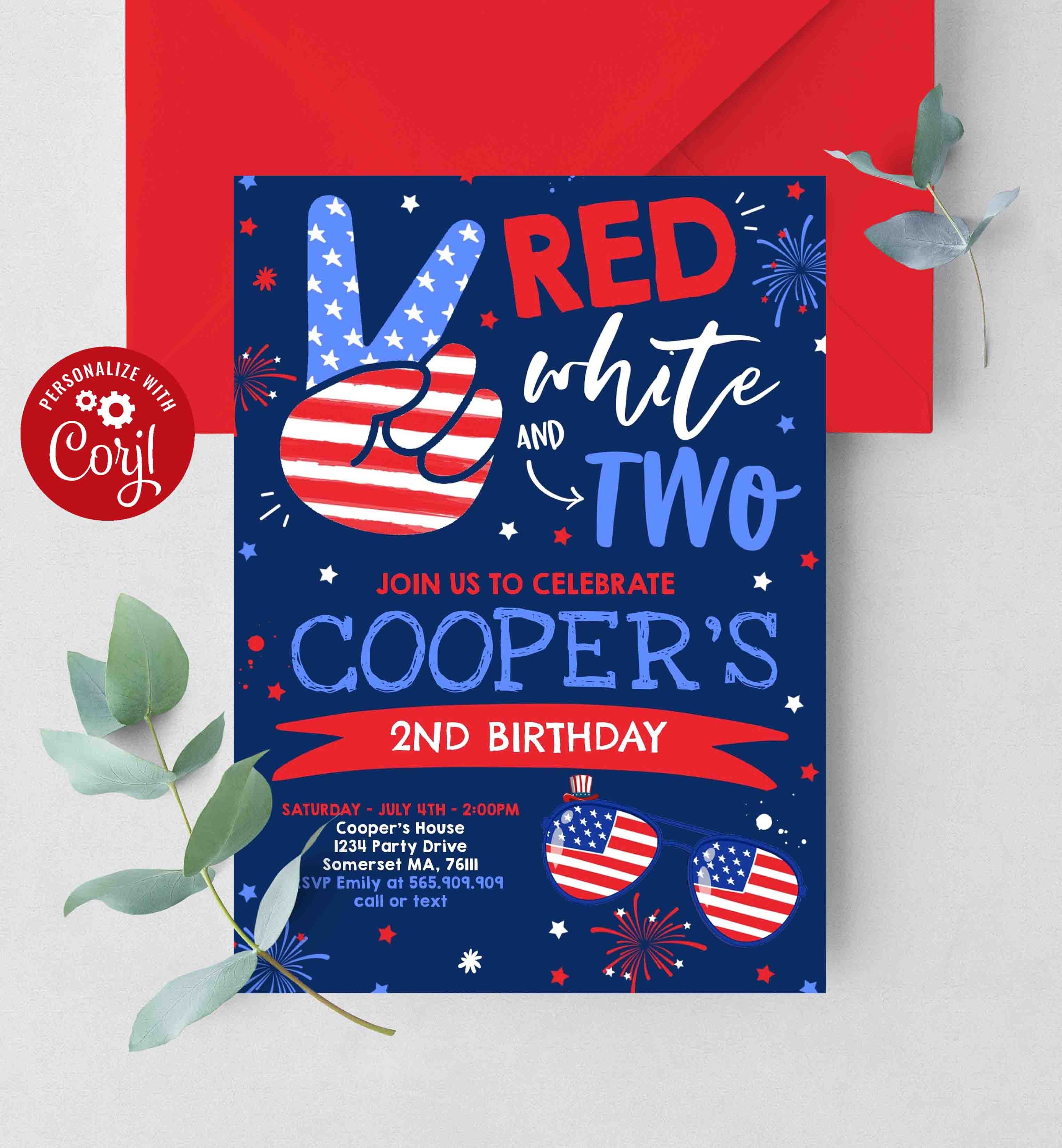 Editable 4th of July Birthday Invitation 4th of July Red White and Two ...