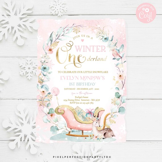 Editable WINTER ONEderland Invitation Blush Pink & Gold Whimsical Deer Winter Birthday Winter Floral Snowflake Party Instant Download AC Il_570xn