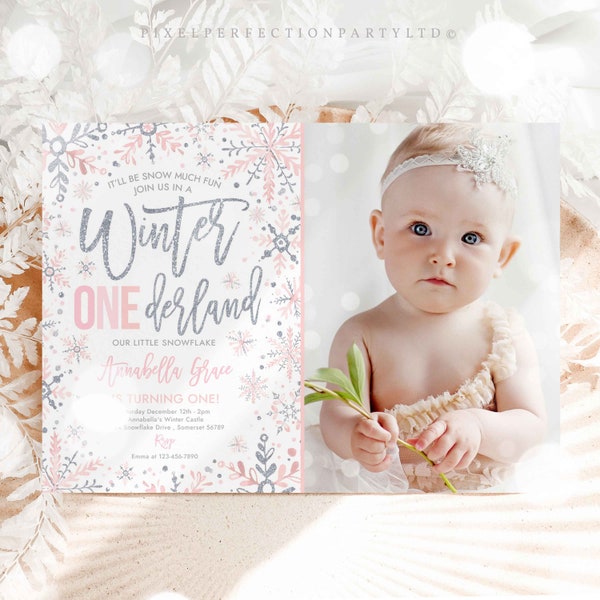 Editable WINTER ONEderland Invitation Pink And Silver Snowflakes Winter ONEderland Invitation Winter 1st Birthday Party Instant Download H0