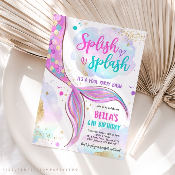 Editable Mermaid Birthday Invitation Mermaid Pool Party Invitation Pink Gold Mermaid Under The Sea Pool Birthday Party Instant Download UH Il_570xn