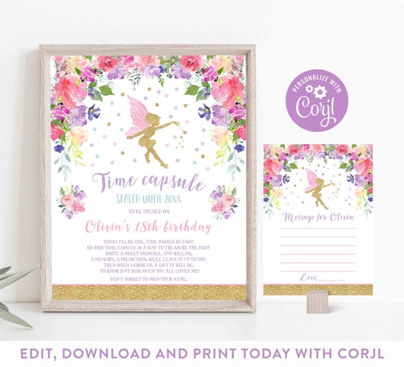 Fairy Time Capsule + Matching Note Card Floral Fairy Time Capsule Rustic Floral Fairy Birthday Magical Party Instant Download Editable 3E Il_570xn