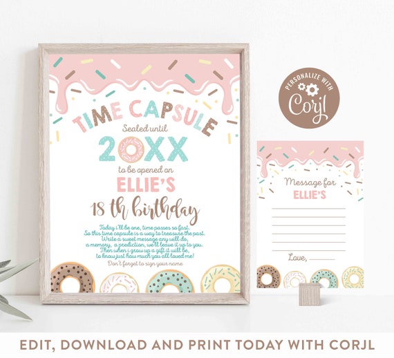 Donut Time Capsule + Matching Note Cards Donut Time Capsule Sign Donut 1st Birthday Time Capsule Donut Party Instant Download Editable D8 Il_570xn