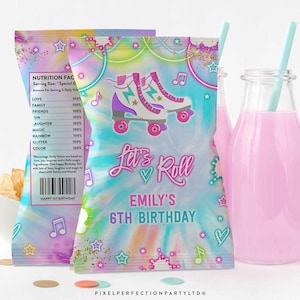 Editable Roller Skating Birthday Party Chip Bag Favors Tie Dye Roller Skating Chip Bag Favors Neon Glow Skating Party Instant Download G1