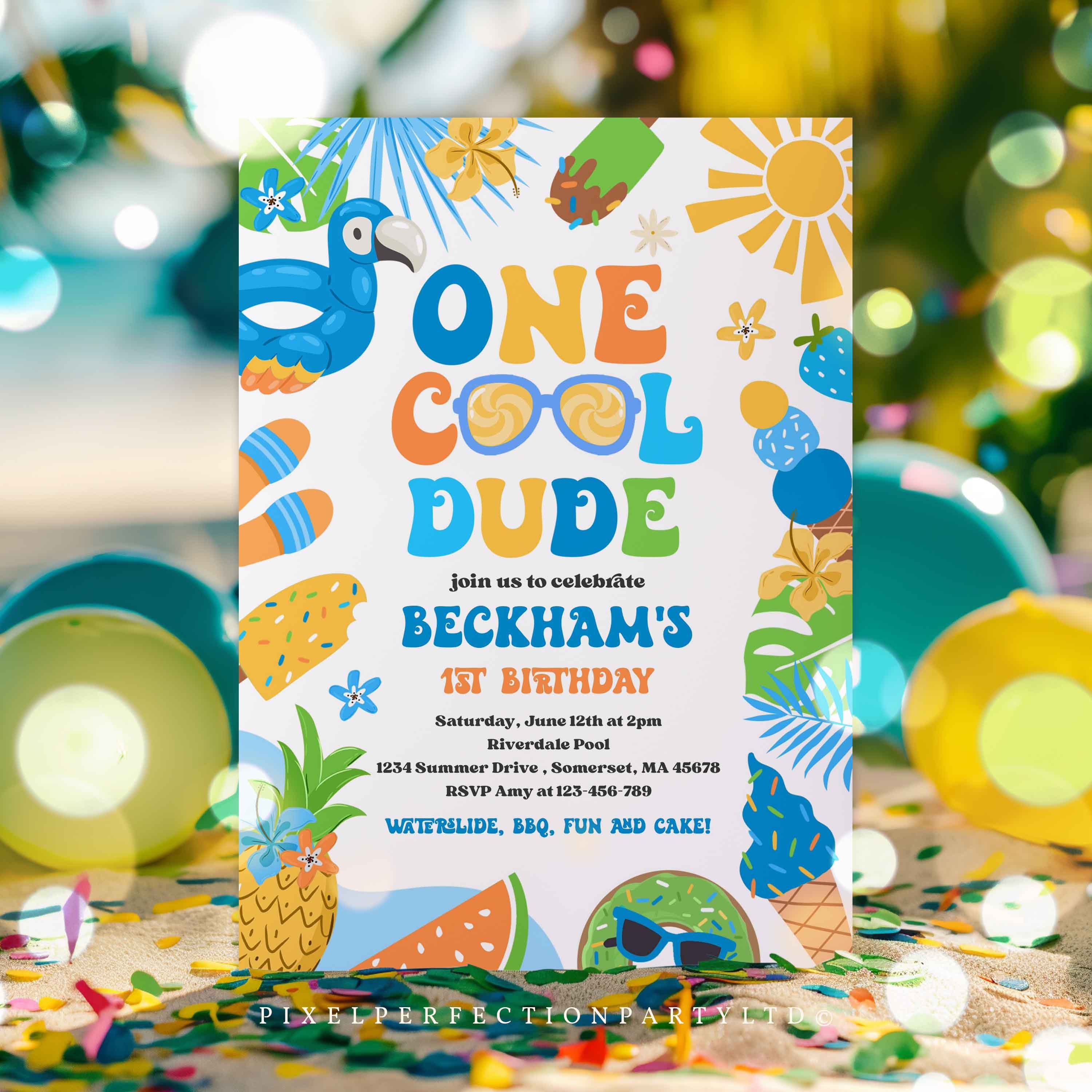 Editable One Cool Dude Birthday Party Invitation Tropical Splish Splash  Summer Boy 1st Birthday Party Pool Party Instant Download SQ7 - Etsy, image size:3000x3000