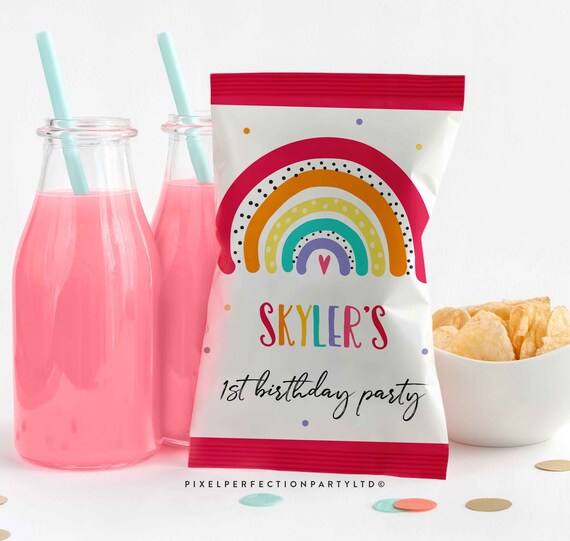 Editable Rainbow Birthday Party Chip Bag Favors Bright Modern Rainbow Birthday Party Bright Colored Rainbow Decorations Instant Download RM Il_570xn