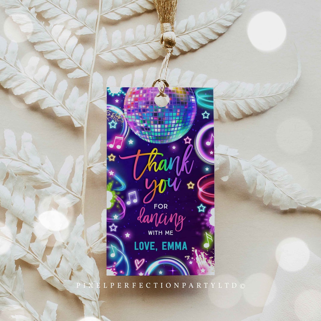 Editable Dance Party Luggage Favor Tags Neon Glow Dance Party Favors Neon Glow Dance Disco Party