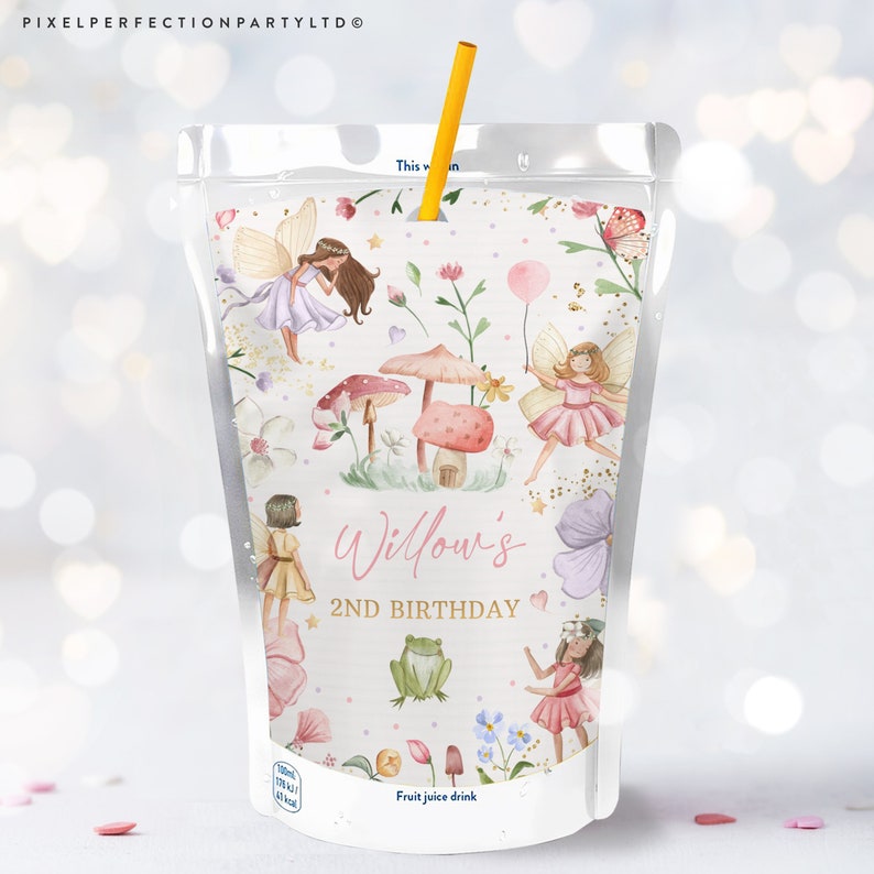 Editable Fairy Birthday Party Juice Pouch Juice Label Enchanted Magical Floral Fairy Princess Party Juice Pouch Label Instant