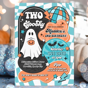 Editable Two Spooky Halloween Ghost 2nd Birthday Invitation Retro Groovy Boy Ghost Birthday Hippie Halloween Party Instant Download TXQ