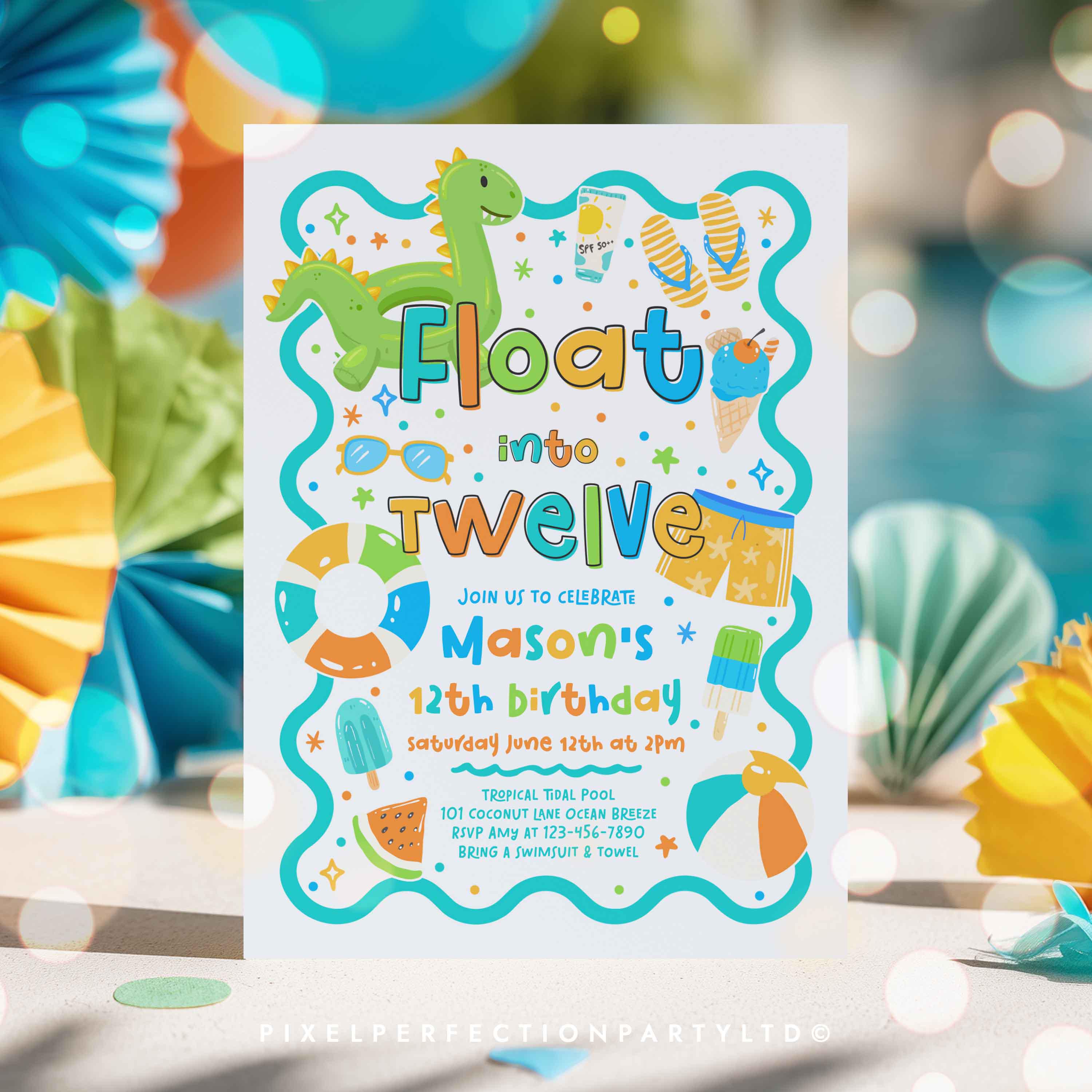 Floating Invite Editable Float Into Twelve Pool Party Birthday Invitation, 12th ...