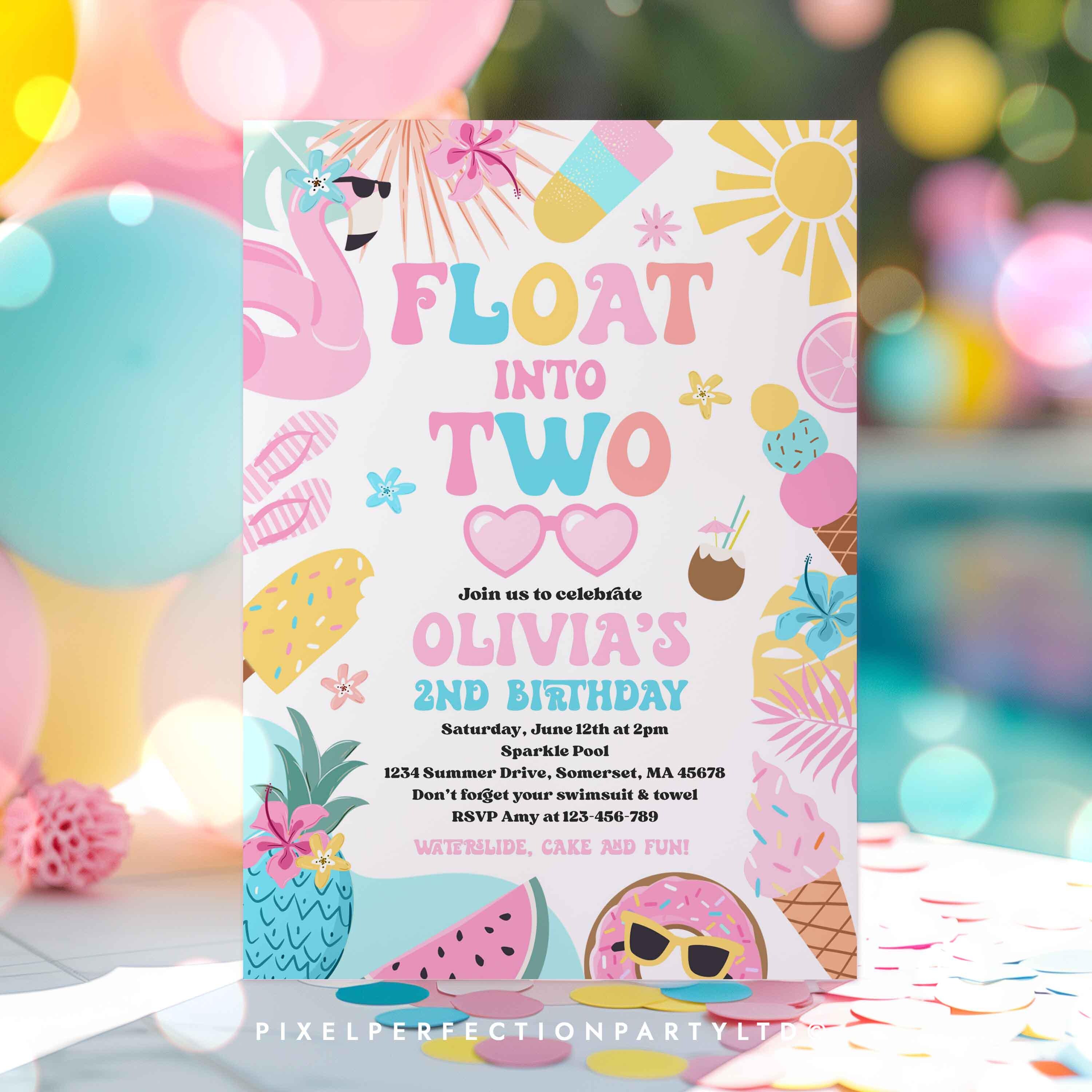 Floating Invite Editable Float Into Two 2nd Birthday Party Invitation Tropical Summer ...