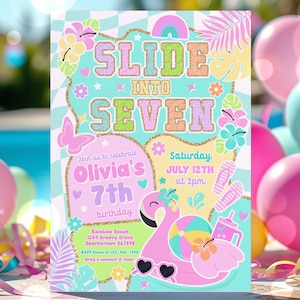 Editable Preppy 7th Birthday Pool Party Invitation Varsity Girl Fashion Slide Into Seven 7th Birthday Summer Party Instant Download JY7