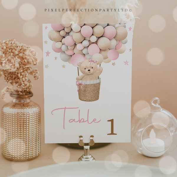 Editable Teddy Bear Hot Air Balloon Baby Shower Table Number Girl Pink Teddy Bear Baby Shower We Can Bearly Wait Shower Instant Download 5H