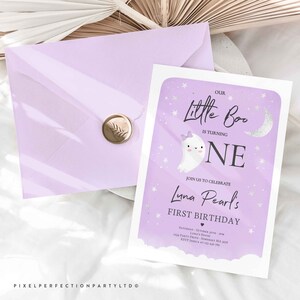 Editable Our Little Boo Birthday Party Invitation Halloween 1st Birthday Purple Cute Ghost Halloween Little Boo Party Instant Download B1 image 2