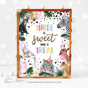 Safari Animals Three Is Sweet Treat Birthday Sign Table Sign Jungle Wild Child Party Safari Leopard Print Party Animals Instant Download DL