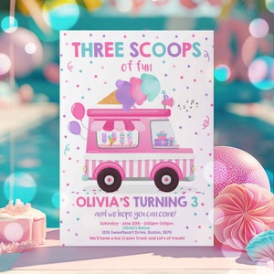 Editable Ice Cream Truck Three Scoops Of Fun 3rd Birthday Party Invitation Ice Cream 3rd Birthday Three Scoops Of Fun Instant Download WP