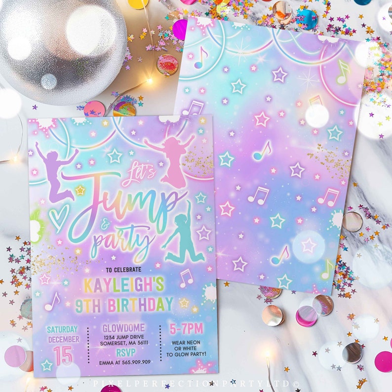 May include: Two party invitations with a colorful design. The invitations feature the text "Let's Jump & Party" and details for a 9th birthday celebration. The background is a mix of pastel colors with stars and musical notes.