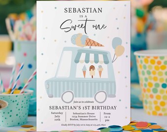 Editable Ice Cream Truck Birthday Party Invitation Boy Ice Cream Sweet One 1st Birthday Party Sweet One Ice Cream Party Instant Download YQ