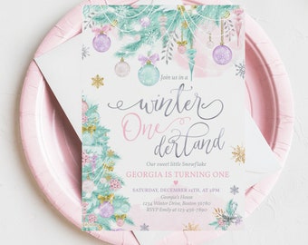 Editable WINTER ONEderland Invitation Silver & Pink Little Snowflake Winter Onederland 1st Birthday Watercolor Tree Instant Download WK