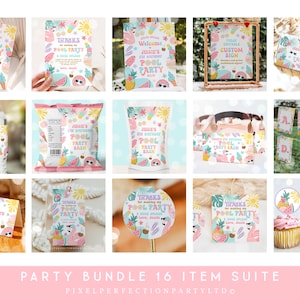 Editable Pool Party Birthday Invitation And Bundle Tropical Splish Splash Girly Summer Pool Party Package Decorations Instant Download FK