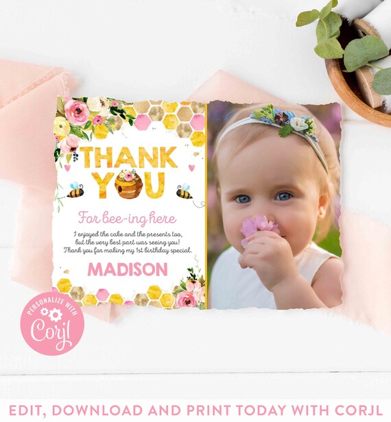 Editable Bee Birthday Thank You Card Honey Bee Birthday Party Bumble Bee Birthday So Sweet To Bee One 1st Birthday Party Instant Download BH Il_570xn