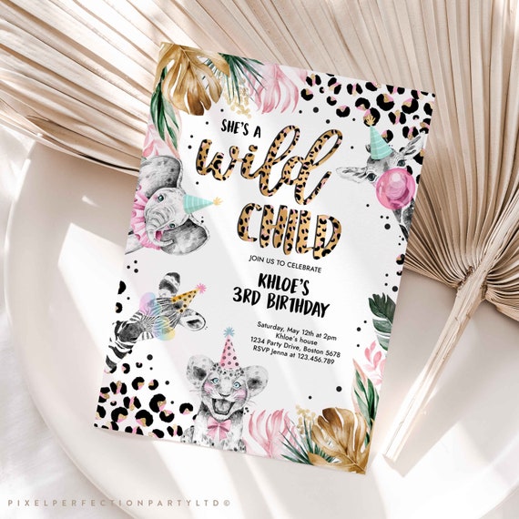 Editable Wild Child Birthday Invitation Leopard Print Safari Animals Birthday Party Invitation Wild And Three Birthday Party Download GY Il_570xn