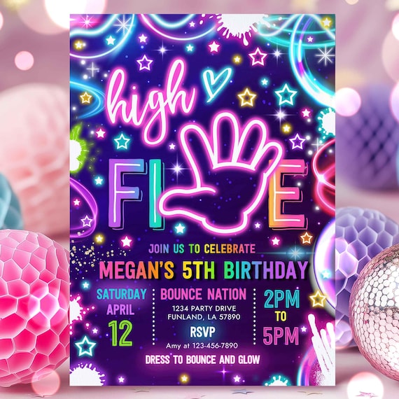 Editable High Five Birthday Party Invitation Neon Glow High Five Hi Five 5th Birthday Party Girls 5th Birthday Party Instant Download TR1