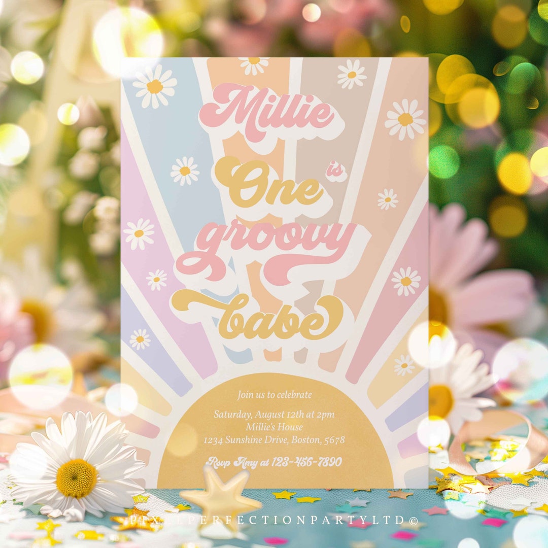Editable One Groovy Babe 1st Birthday Invitation Retro Sunshine Groovy ...