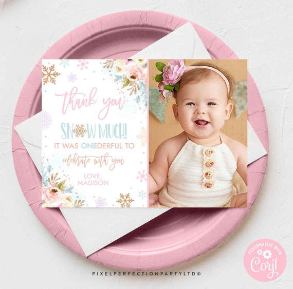 WINTER ONEderland Thank You Photo Card Rose Gold Winter ONEderland Thank You Floral Winter ONEderland Instant Download Editable Corjl FW Il_570xn