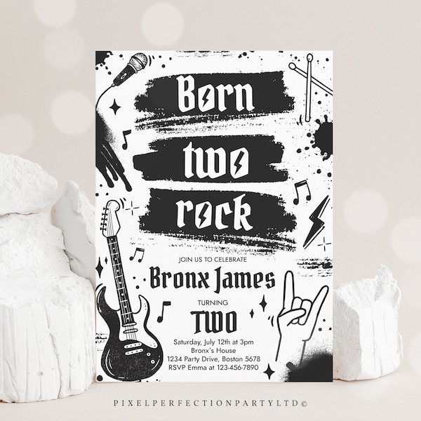 Editable Born Two Rock 2nd Birthday Party Invitation Rock and Roll Party Punk Rock Birthday Party Two Rocks 2nd Birthday Instant Download R5