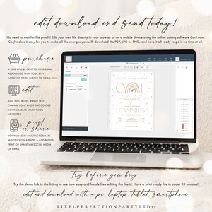 May include: A laptop screen displaying a pink and gold first birthday invitation with a rainbow and the text "Isn't she lovely, isn't she wonderful". The invitation is for a girl named Cammies. The text "edit, download and send today!" is displayed above the laptop.