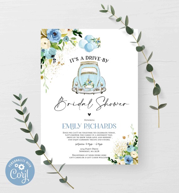 Editable Drive By Bridal Shower Invitation Blue Floral Drive Through Bridal Shower Social Distancing Bridal Shower Instant Download FD Il_570xn