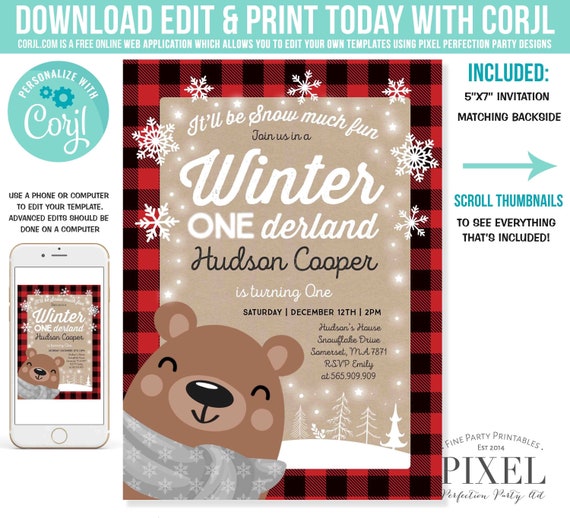 Lumberjack Bear Birthday Invitation WINTER ONEderland Invitation Lumberjack Bear Winter ONEderland Invitation Instant Editable File Corjl I9 Il_570xn