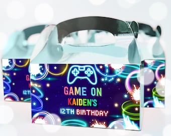 Editable Video Game Birthday Gable Box Labels Neon Gamer Birthday Game On Level Up Birthday Glow Gamer Party Decor Instant Download KN