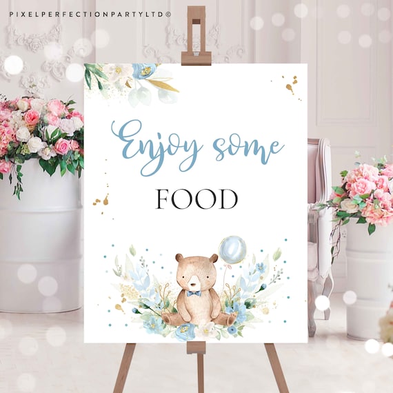 Teddy Bear Baby Shower Table Sign Enjoy Some Food Sign We Can Bearly Wait Baby Shower Signs Blue Floral Boy Teddy Bear Baby Shower TB Il_570xn