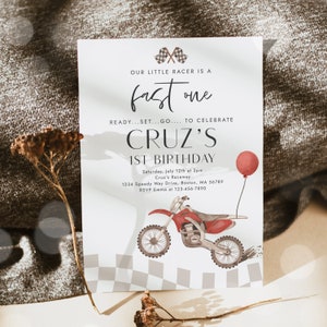 Editable Fast One Dirt Bike Birthday Party Invitation Boy Racing Dirt Biking Motorbike 1st Birthday Party Invitation Instant Download RT5