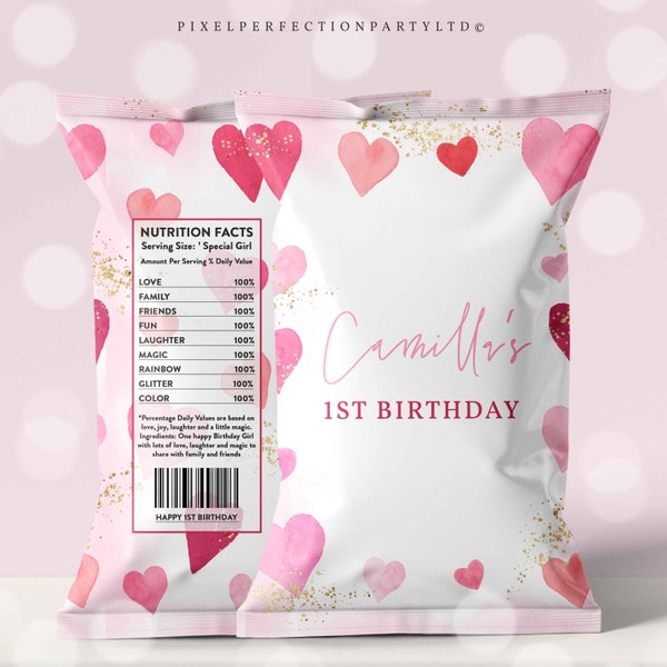 Editable Valentine 1st Birthday Chip Bag Favor Sweetheart 1st Birthday Red & Pink Watercolor Heart Sweetheart Birthday Instant Download HYK