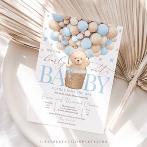 Editable Teddy Bear Hot Air Balloon Baby Shower Invitation Boy Blue Teddy Bear Baby Shower We Can Bearly Wait Shower Instant Download 4H